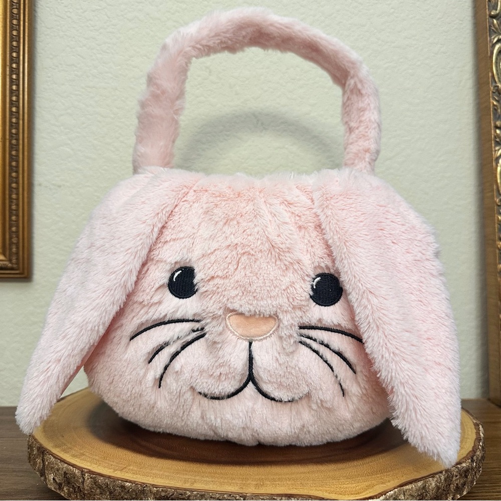 NWT- Plush Pink Bunny Easter Basket W/Gingham Lining by Cottontail Lane